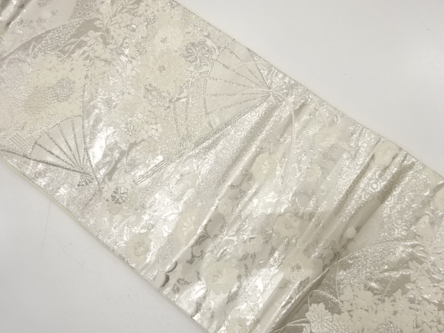 JAPANESE KIMONO / ANTIQUE FUKURO OBI / SILK / WOVEN FOLDING FAN & FLORAL CART